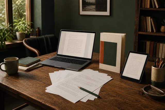 A manuscript open on a laptop beside print, tablet, and proof-page editions in a writer's studio