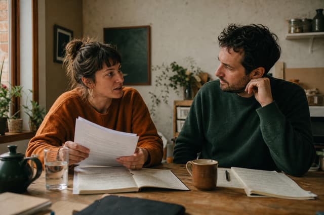 Two creators discussing a printed manuscript together at a kitchen table