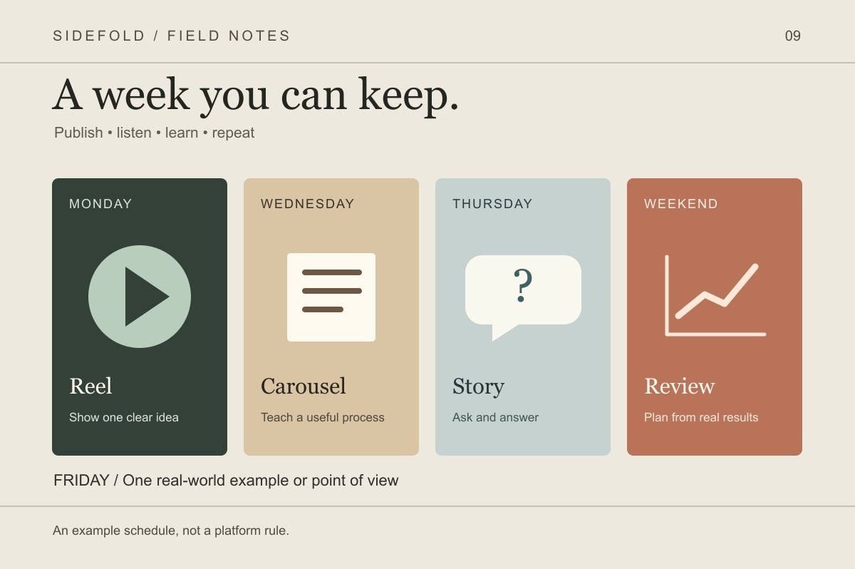 Editorial calendar showing a Reel, a carousel, a community Story, and a weekly review